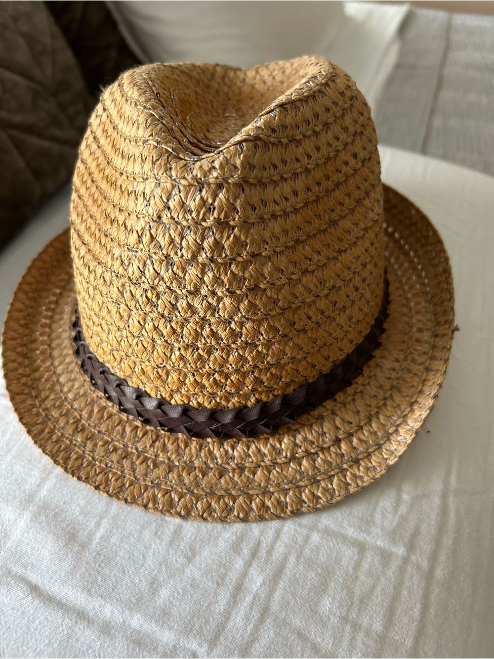 Straw Fedora Hat with Brown Braided Band - Tan